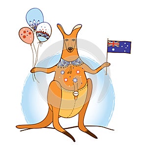 Vector outline orange kangaroo with Australian flag and balloon in red and blue isolated on white background. National symbol.