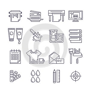 Vector outline printing icons set. Printer, plotter, paints and