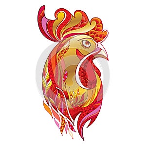 Vector outline rooster or head profile in gold and red on white. Symbol of New Year 2017 in Chinese calendar.