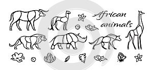 Vector outline set of african animals with lion, buffalo, hyena, giraffe, rhinoceros, cheetah. Black and white illustration