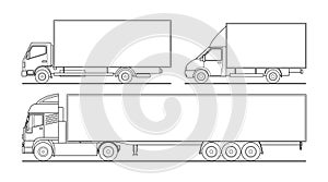 Vector outline set of different trucks, semitrailer. Blank template truck for advertising, for coloring books. Freight