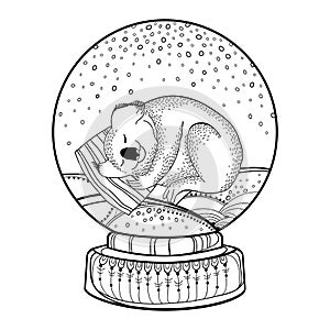 Vector outline snow globe or snowball with falling snowflakes and cute cartoon koala in black isolated on white background.