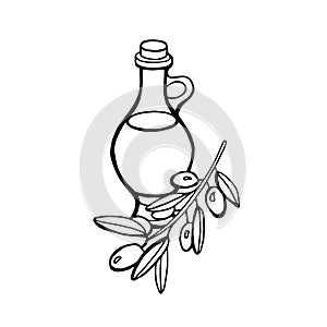 Vector outline. Still life of olive oil in a glass jar and sprigs of fresh olives