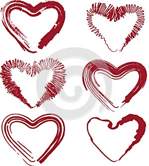 Vector outline textured drawings of set decorative abstract red heart shape