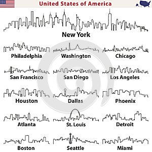 Vector outlines icons of United States cities skylines