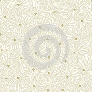 Vector Overlapping Daisy Flowers in Yellow Gold Beige On White Background Seamless Repeat Pattern. Background for