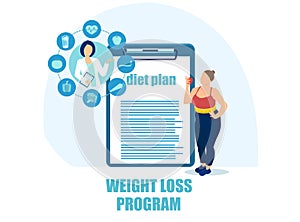Vector of an overweight young woman following weight loss diet plan recommendation from a nutritionist photo