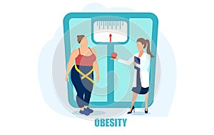 Vector of an overweight young woman being advised on a healthy diet