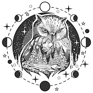 Vector owl tattoo or t-shirt print design