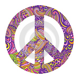 Vector pacifism sign. Hippie style ornamental background. Love and peace, hand-drawn doodle background and textures. Colorful peac