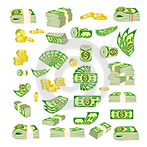 Vector packages of banknotes in various angles.