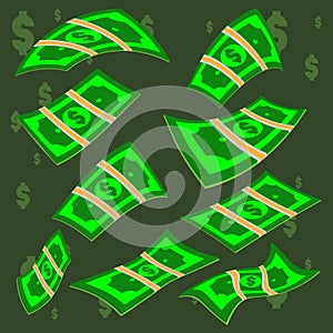 Vector packages of dollar banknotes in various angles. Pile of cash Isometric illustration