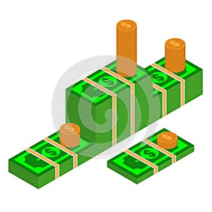 Vector packages of dollar banknotes in various angles. Pile of cash Isometric illustration with stack of golden coins
