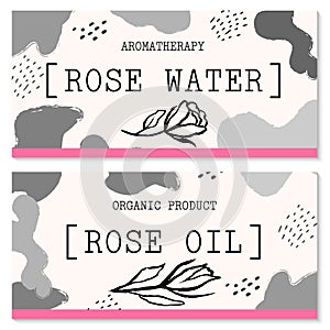 Vector packaging design and template for labels and bottles of rose water and rose oil products.