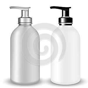 Vector Packaging: SET of Gray and white plastic Cosmetic Bottle beauty products with black and silvery pump lid on white isolated