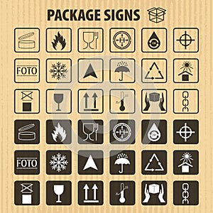 Vector packaging symbols on cardboard background. Shipping icon set including recycling, fragile, the shelf life of the pro