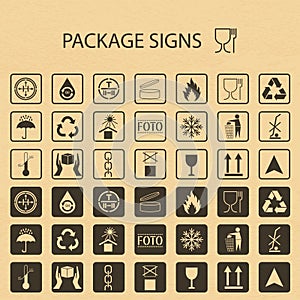 Vector packaging symbols on cardboard background. Shipping icon set including recycling, fragile, the shelf life of the pro