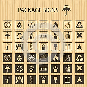 Vector packaging symbols on realistic cardboard background. Shipping icon set including recycling, fragile, the shelf life