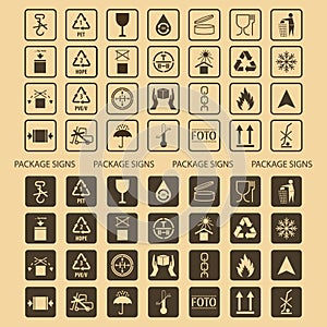 Vector packaging symbols set on cardboard background: Don`t roll, litter, Clamp here, No hand- or forklift truck, Handling with c