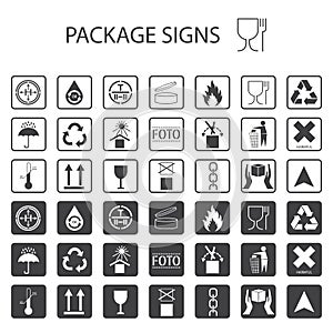 Vector packaging symbols on white background. Shipping icon set including recycling, fragile, the shelf life of the product, flamm