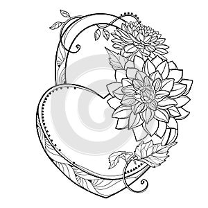 Vector padlock heart with bouquet of Dahlia or Dalia flower and ornate leaf in black isolated on white background. Bunch of Dahlia photo