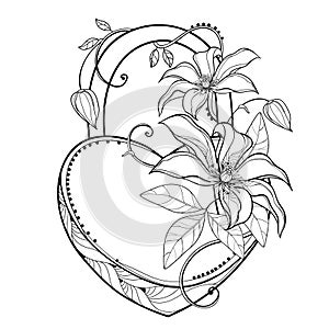 Vector padlock heart with outline bunch of Clematis or Traveller`s joy flower, leaf and bud in black isolated on white background.