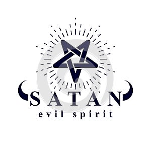 Vector pagan symbol, pentacle created with Satan inscription. De