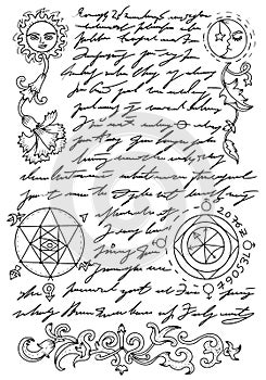 Vector Page with magic spells, pentagram and drawings from witch book on white background.
