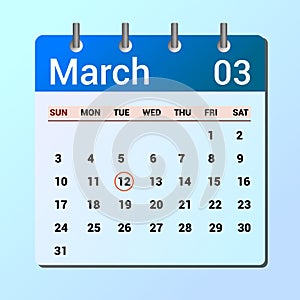 vector page of March month calendar and highlighted date March 12