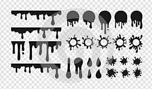 Vector Paint blob set. Black liquid splash, round ink splatter, dripping paint collection. Paint flows circle stickers