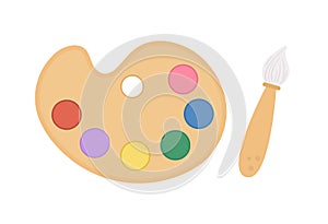Vector paint palette and brush icon. Colored stationery, drawing materials, office or school supplies isolated on white background