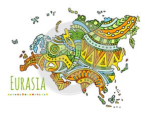 Vector painted map of Eurasia. Vector Doodle Continent.