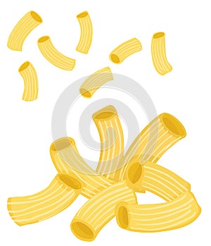 Vector painterly set of short pasta, penne, raw and cooked.