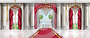 Vector palace interior background, royal castle room illustration, arch window, marble column, carpet.