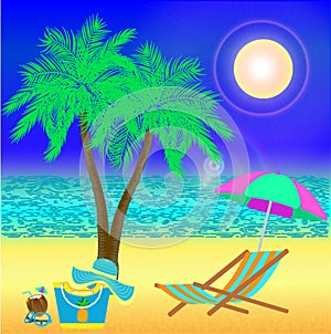 Vector with palm tree , coconut and beach items on sunrise background .