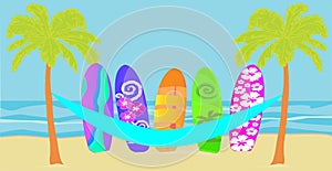 Vector with palm trees , paraguayan hammock , and  colorful surfboard on beach