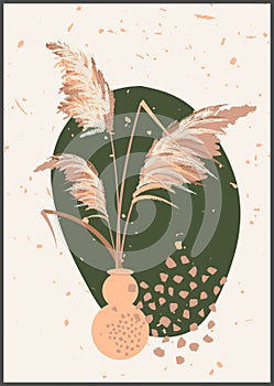 Vector pampas grass panicles botanical wall art. Abstract vase and plants home decor. Mid Century Modern aesthetics. Gentle