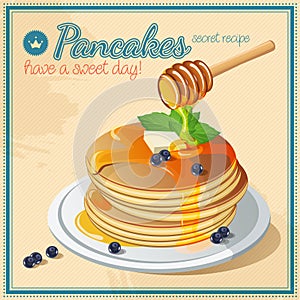 Vector pancake. Honey. Sweets. Butter. Vintage. Signboard.