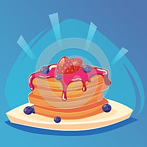 Vector pancakes illustration. Baking with syrup strawberries and blueberries Breakfast concept. Food game icon, cartoon food, vect