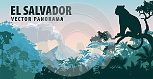 Vector panorama of El Salvador with jungle raimforest and jaguar photo