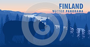 Vector panorama of Finland with brown bear