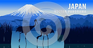 Vector panorama of Japan with mountain Fuji and crane on Kawaguchiko lake