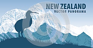 Vector panorama of New Zealand with kiwi bird and Aoraki mountain
