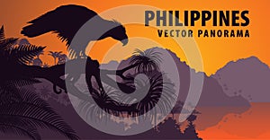 Vector panorama of Philippines with philippine Eagle - Pithecophaga jefferyil and monkey
