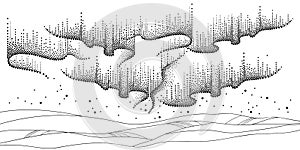 Vector panorama of Polar sky with northern or polar light in black isolated on white background. Night landscape with swirls.