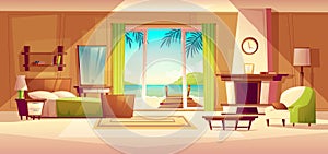 Vector panorama of villa interior. Bedroom of tropical hotel, resort, tourism concept