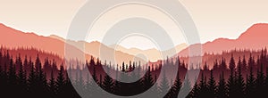 Vector panoramic landscape with red silhouettes of trees and hills