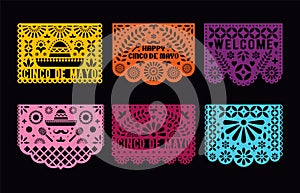 Vector Papel Picado cards set. Mexican paper decorations for party.