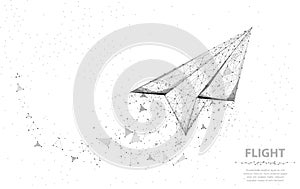 Vector Paper airplane. Abstract polygonal wireframe plane illustration on white background. Dream symbol.