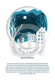 Vector paper art. Christmas illustration template for greeting card, calendar or etc. Winter landscape